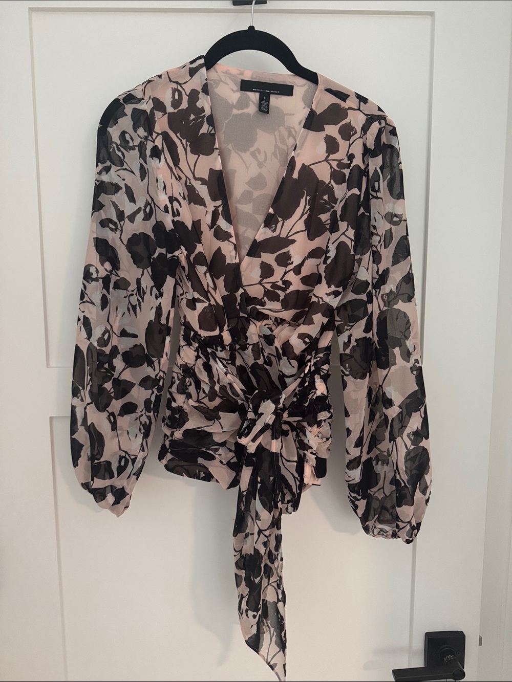 White House Black Market Pink and Black Floral Wrap Blouse